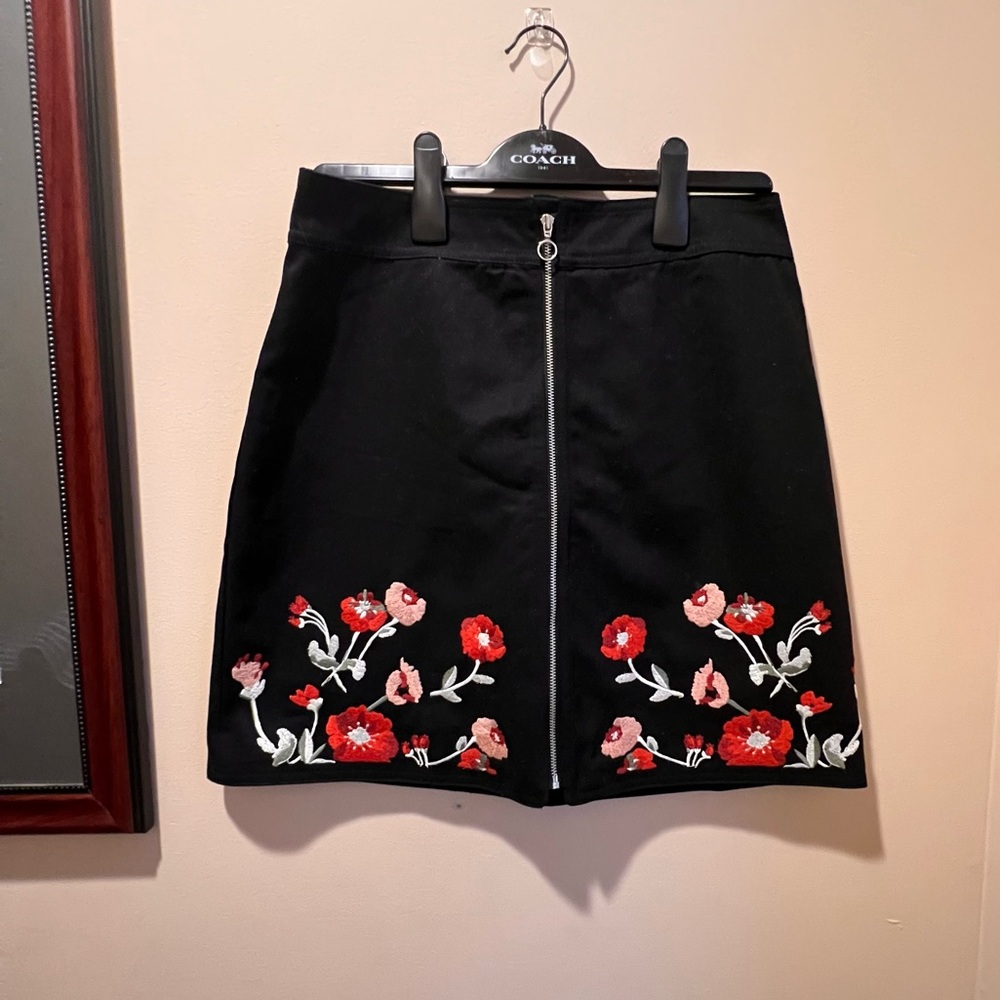 LOFT Black Midi Skirt with Red & Pink Floral Embroidery